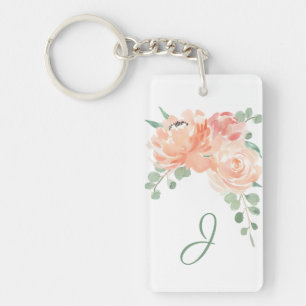 Persika vattenfärgen med Blommigten Monogram Nyckelring