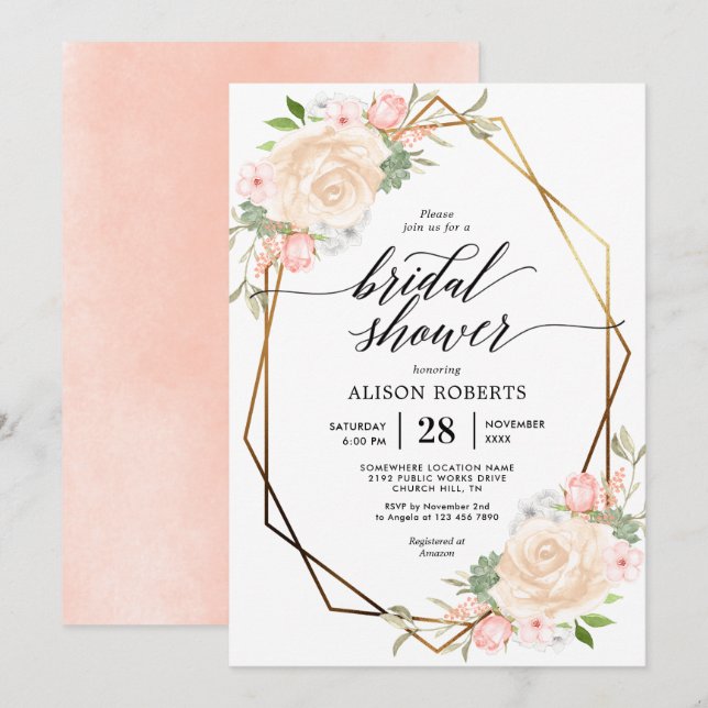 Persika vattenfärgens geometriska möhippa ram inbjudningar (Fram/baksida)