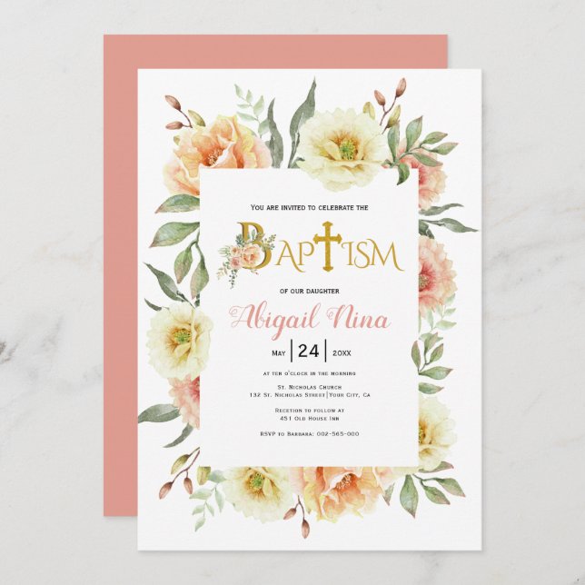 Persika vattenfärgsblommor blommigt baptism inbjudningar (Fram/baksida)