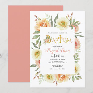 Persika vattenfärgsblommor blommigt baptism inbjudningar