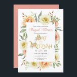 Persika vattenfärgsblommor blommigt Bat mitzvah Inbjudningar<br><div class="desc">Persika vattenfärgsblommor blommigt Bat mitzvah inbjudan. I inbjudan finns en blommigt gräns som består av korallpersikocactus blommor,  texten "Bat mitzvah" i guld i ett dekorativt teckensnitt och texten.</div>
