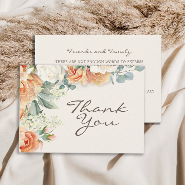 Persika Vit Akvarell Blommig Eukalyptus Bröllop Tack Kort (Peach and white watercolor floral with sage green eucalyptus leaves wedding Thank You card)