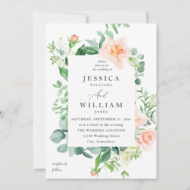 Persika & Vit Blommig Bröllop 2b Inbjudningar (Framsida)
