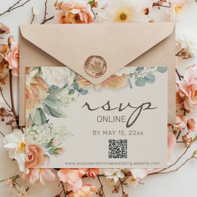 Persika Vit vattenfärg Floral Eucalyptus QR- kod OSA Kort (Peach and cream-colored watercolor floral wedding RSVP with QR code )