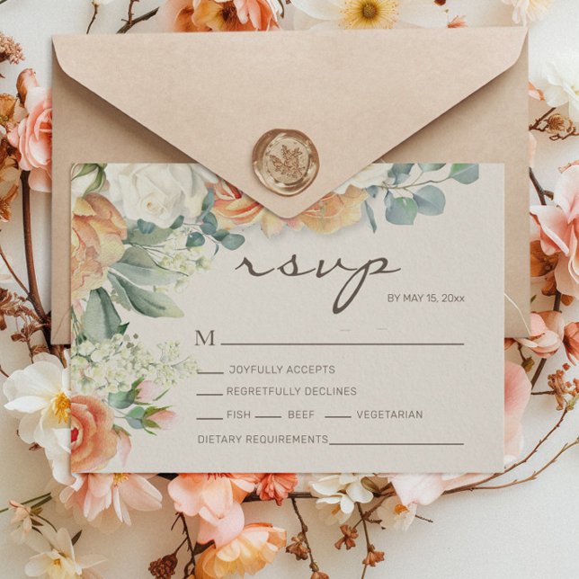 Persika Vit vattenfärgad Blommigt Eucalyptus Bröll OSA Kort (Peach and cream-colored watercolor floral wedding RSVP card)