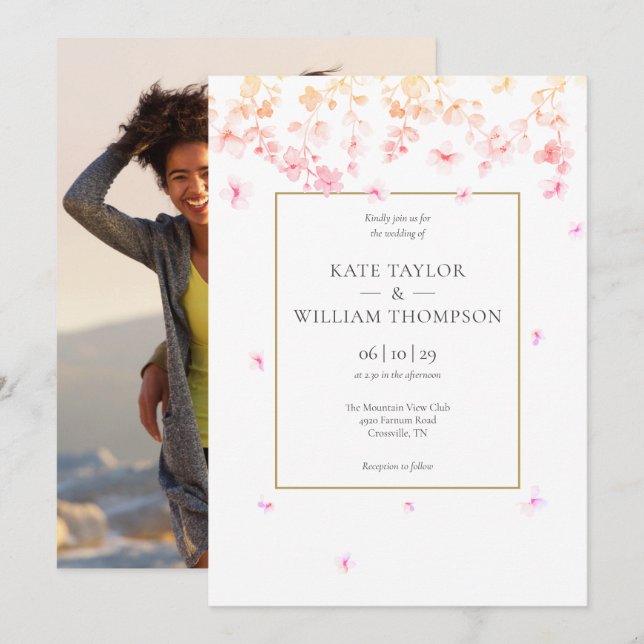 Persikablom Flerfärgade Foto Bröllop Inbjudningar (Fram/baksida)