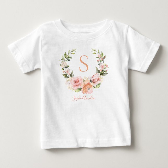 Persikakorall Rosekrans Personlig Babynamn T Shirt (Framsida)