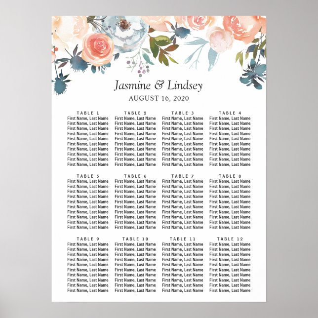 Persikans akvarellblommig bröllops sittplatskarta poster (Framsidan)