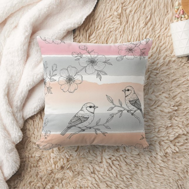 Persikestripig blommig fågel Elegant (5) Kudde (Filt)