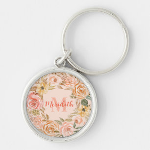 Persiko och Rosa Blommigt Utandning, Monogrammad K Rund Silverfärgad Nyckelring