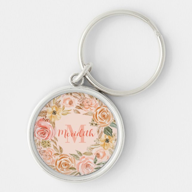 Persiko och Rosa Blommigt Utandning, Monogrammad K Rund Silverfärgad Nyckelring (Framsidan)
