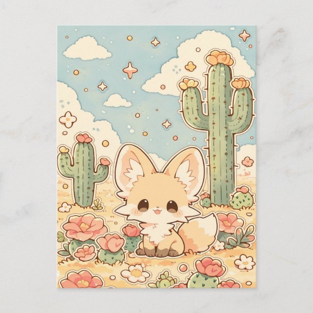 Persiko Ökenblom Kawaii Ökenräv Vykort (Framsida)