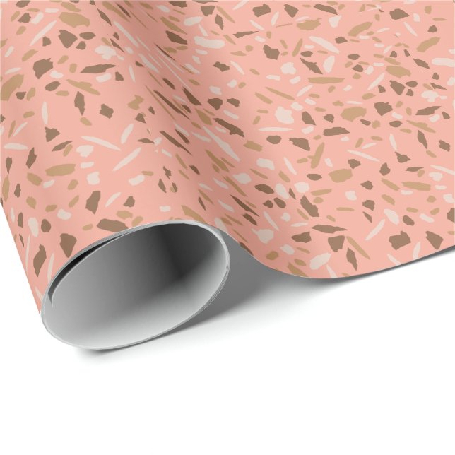Persikobeige Brun Terrazzo Marmormönster Presentpapper (Rullad Hörn)