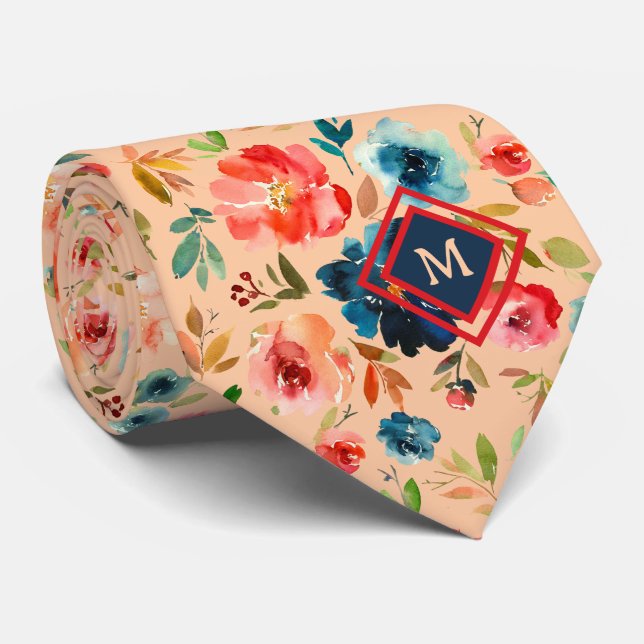 Persikoblå akvarellrosor monogram slips (Rullad)