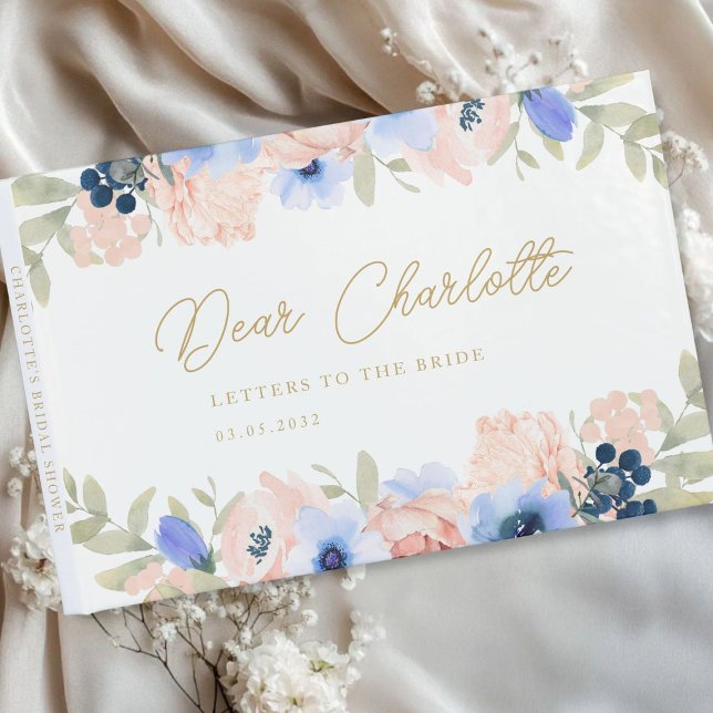 Persikoblå  Möhippa Gästböcker (Peach Blue Blush Floral Bridal Shower Guest Book with your name and date.)