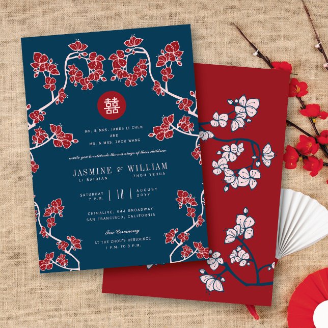 Persikoblat Dubbel Lycka Kinesisk Bröllopsfest Inbjudningar (Red/Navy Peach/Plum Blossoms Double Happiness Elegant Chinese Wedding Invitation @ fatfatin_red_knot)