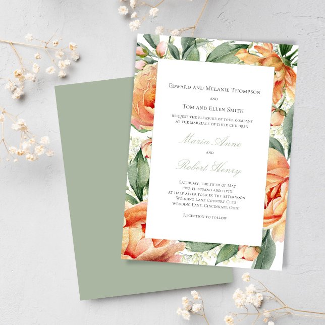 Persikoblom Vattenfärg Elegant Bröllopssvit Inbjudningar (Elegant peach watercolor floral wedding design paired with a soft sage envelope for a romantic.)