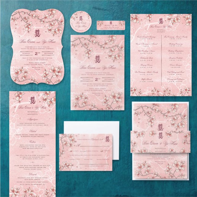 PersikoBlommar Dubbla Xi kinesiskt Bröllopsprogram (ETERNAL LOVE PINK PEACH/PLUM BLOSSOMS ELEGANT FLORAL CHINESE WEDDING COLLECTION @ fatfatin_red_knot)