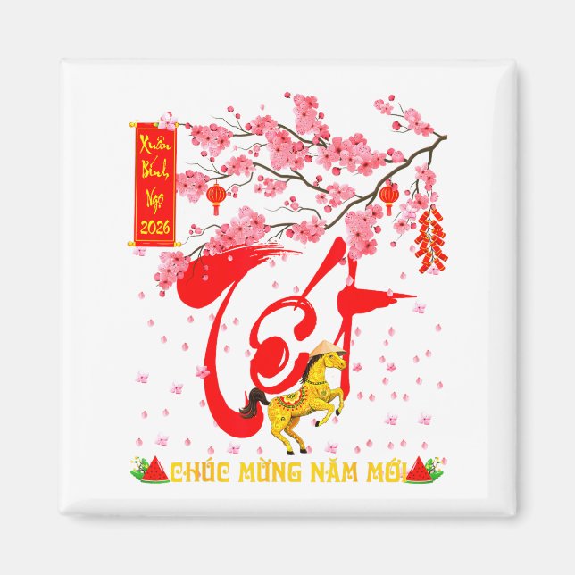 Persikoblommas vietnamesiska lunära nyårshäst 2026 magnet (Framsidan)