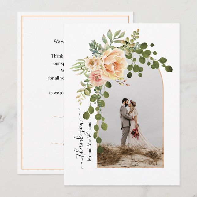 Persikoblommor, bås med fotofallbröllop tack kort (Fram/baksida)