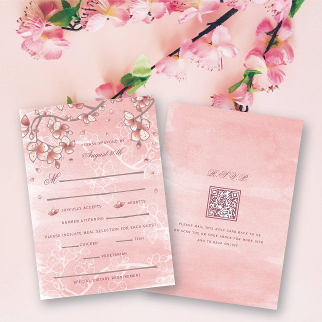 Persikoblommor Dubbel Lycka Kinesiskt Bröllop OSA Kort (Pink Peach/Plum Blossoms Double Happiness Elegant Chinese Wedding RSVP Card @ fatfatin_red_knot)