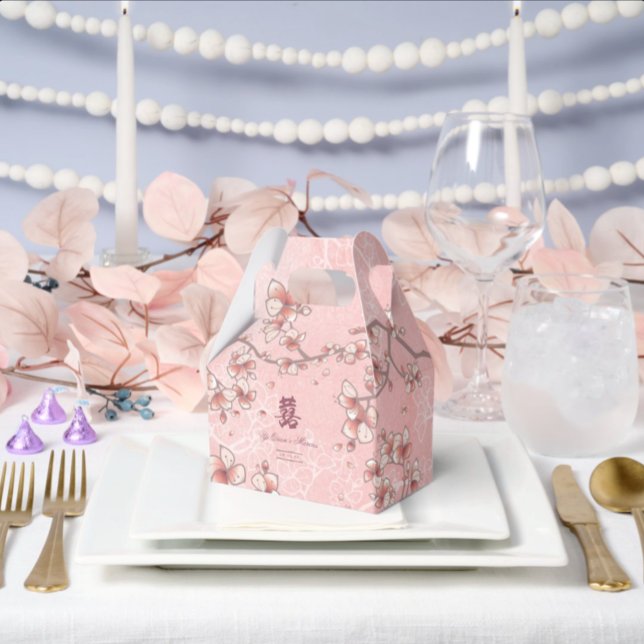 Persikoblommor Dubbel Lycka Kinesiskt Bröllop Presentaskar (Pink Peach Blossoms Double Happiness Elegant Chinese Wedding Favor Boxes @ fatfatin_red_knot)