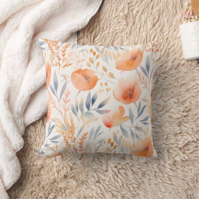 Persikoblommor och Dusty Blue-Contemporary Kudde (Filt)