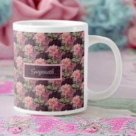 Persikoblommor och fjäril på Lila Harlequin Jumbo Mugg