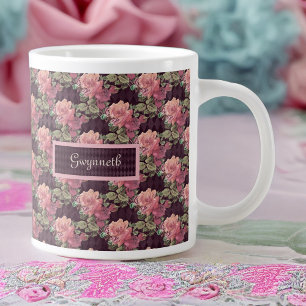 Persikoblommor och fjäril på Lila Harlequin Jumbo Mugg