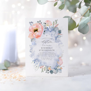 Persikoblommor och grön dofty Blue Baptism Inbjudningar