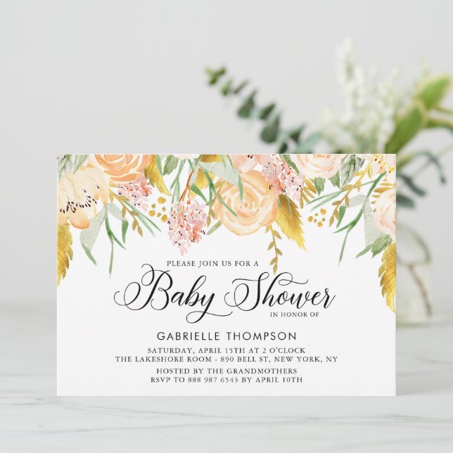 Persikoblommor och Guld Löv Baby Shower Inbjudningar (Stående Fram)