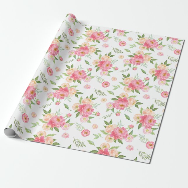 Persikoblommor och Rosa Peony Flowers Presentpapper (Utrullad)