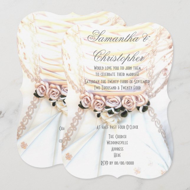 Persikoblommor på briderna klänning bröllop inbjudningar (Fram/baksida)