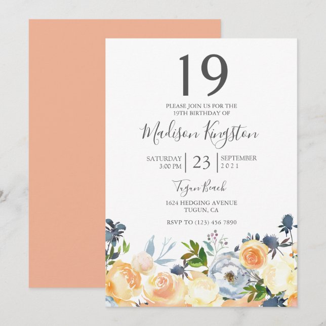 Persikoblommor Söt 19:e Födelsedagsfest Inbjudan (Fram/baksida)