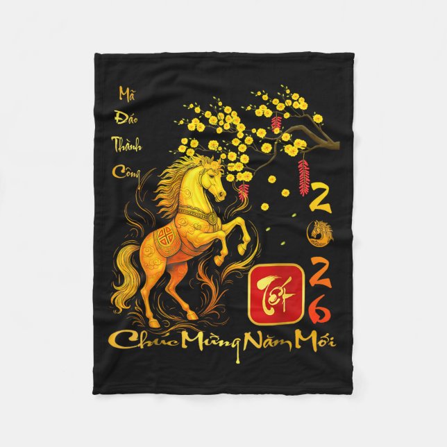 Persikoblomning Vietnamesiskt Lunärt Nyår Häst 202 Fleecefilt (Framsidan)