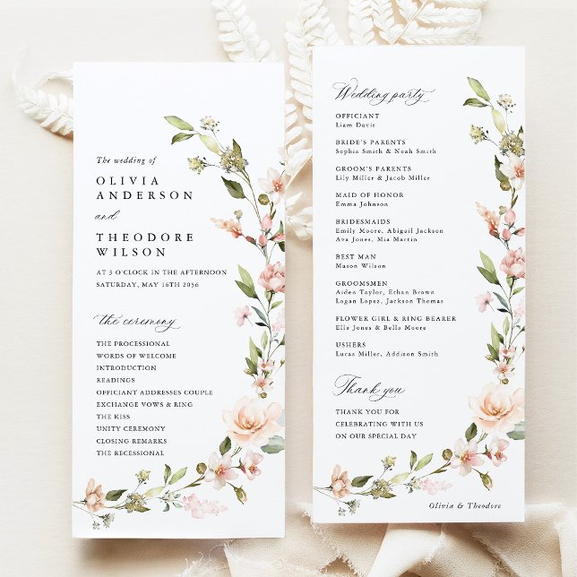 Persikoblush Blommig Bröllopsceremoni Program (Peach Blush Floral Wedding Program, Wildflower Ceremony Program, Wedding Party Program Stationery)