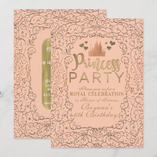 Persikoblush Guld Slott PRINSESS-PARTY Födelsedag Inbjudningar