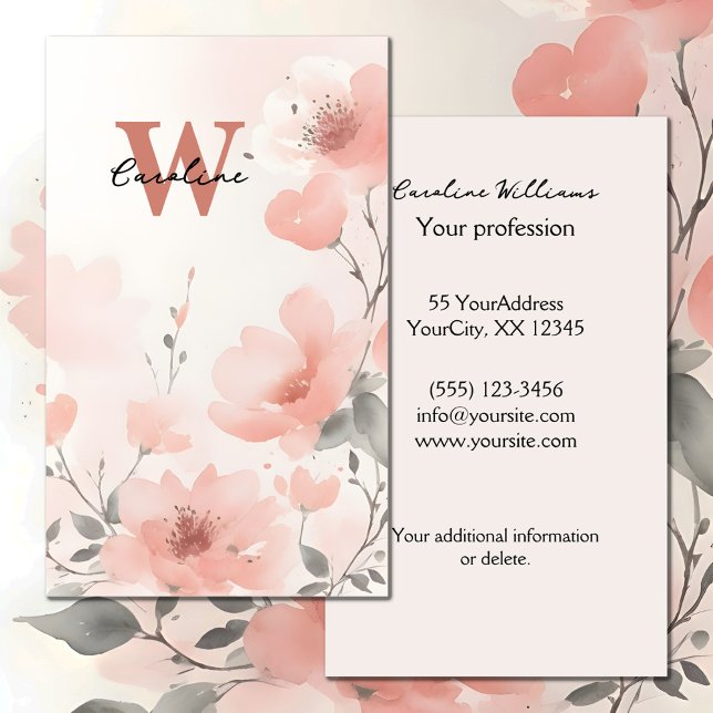 Persikoblush namn monogram vattenfärg blommor visitkort (Skapare uppladdad)