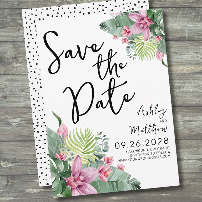Persikodestinationen Tropical Bröllop Spara Datumet (Pink Green Palm Watercolor Tropical Floral Wedding Save The Date)