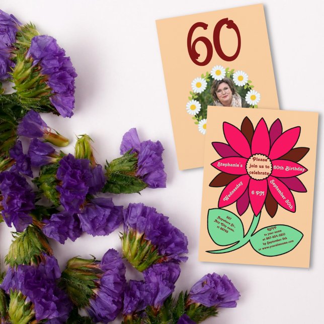 Persikofärgad 60:e födelsedag, enkel röd solros inbjudningar (Skapare uppladdad)