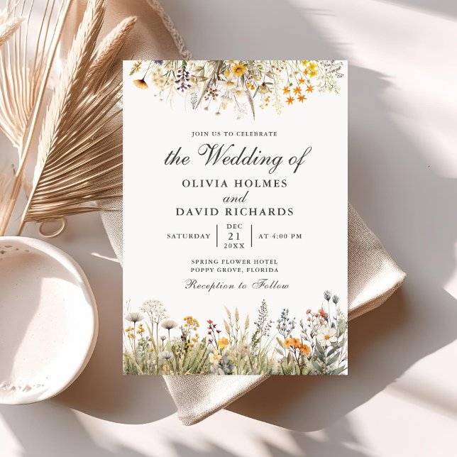 Persikofärgad akvarell äng vildblomma bröllopsinbj inbjudningar (Peach Watercolor Wildflower Meadow Wedding Invite on a table with neutral boho decoration.)