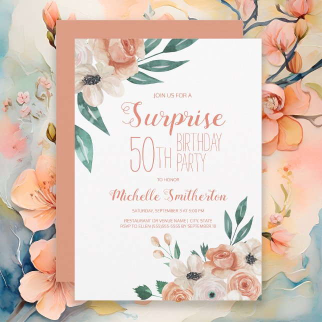 Persikofärgad akvarellblomma överraskar 50-årsdag inbjudningar (Elegant peach watercolor floral women's 50th birthday party invitation)