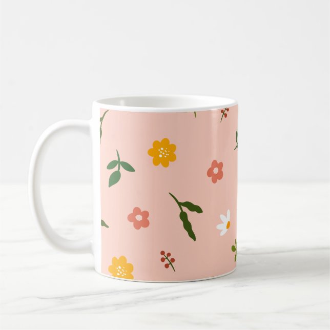 Persikofärgad bakgrund med blommor i flera färger kaffemugg (Vänster)