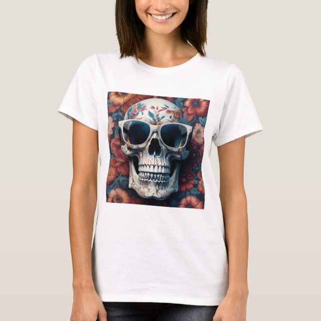 Persikofärgad Blommigt 3D Dead Skull med solglasög T Shirt (Framsida)