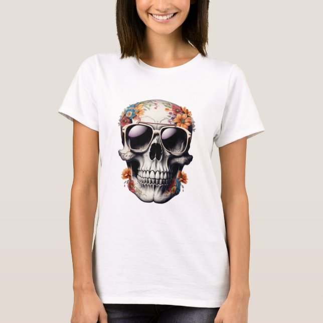 Persikofärgad Blommigt 3D Dead Skull med solglasög T Shirt (Framsida)