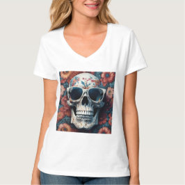 Persikofärgad Blommigt 3D Dead Skull med solglasög T Shirt