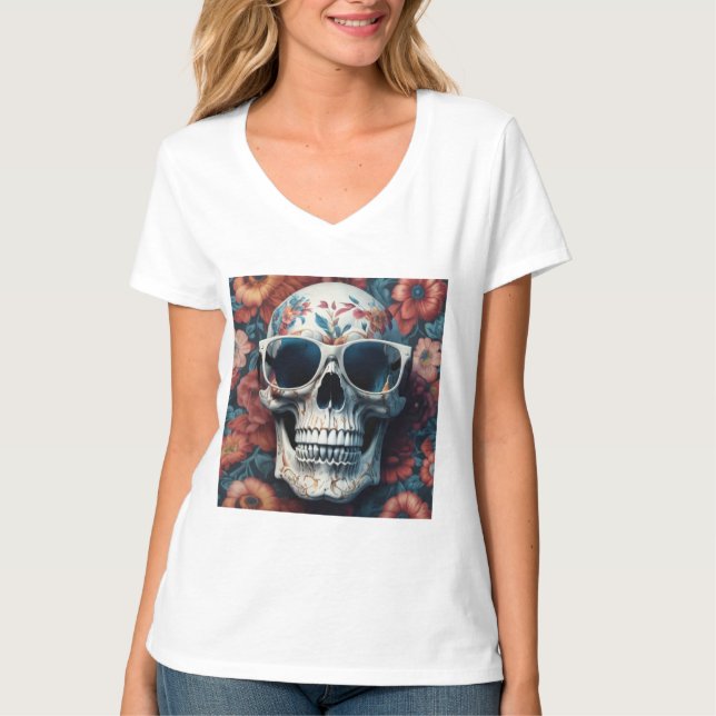 Persikofärgad Blommigt 3D Dead Skull med solglasög T Shirt (Framsida)