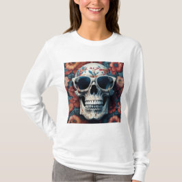 Persikofärgad Blommigt 3D Dead Skull med solglasög T Shirt