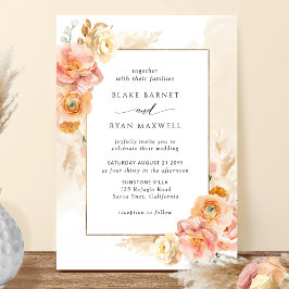Persikofärgad  Blommigt, Cream Watercolor Chic Brö Inbjudningar