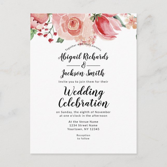 Persikofärgad Blommigt i övre Gräns Trendiget Bröl Inbjudan Vykort (Framsida)